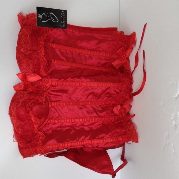 C Bling Intimates red woman's baby doll Lacey hook up corset with bones - Picture 2 of 4